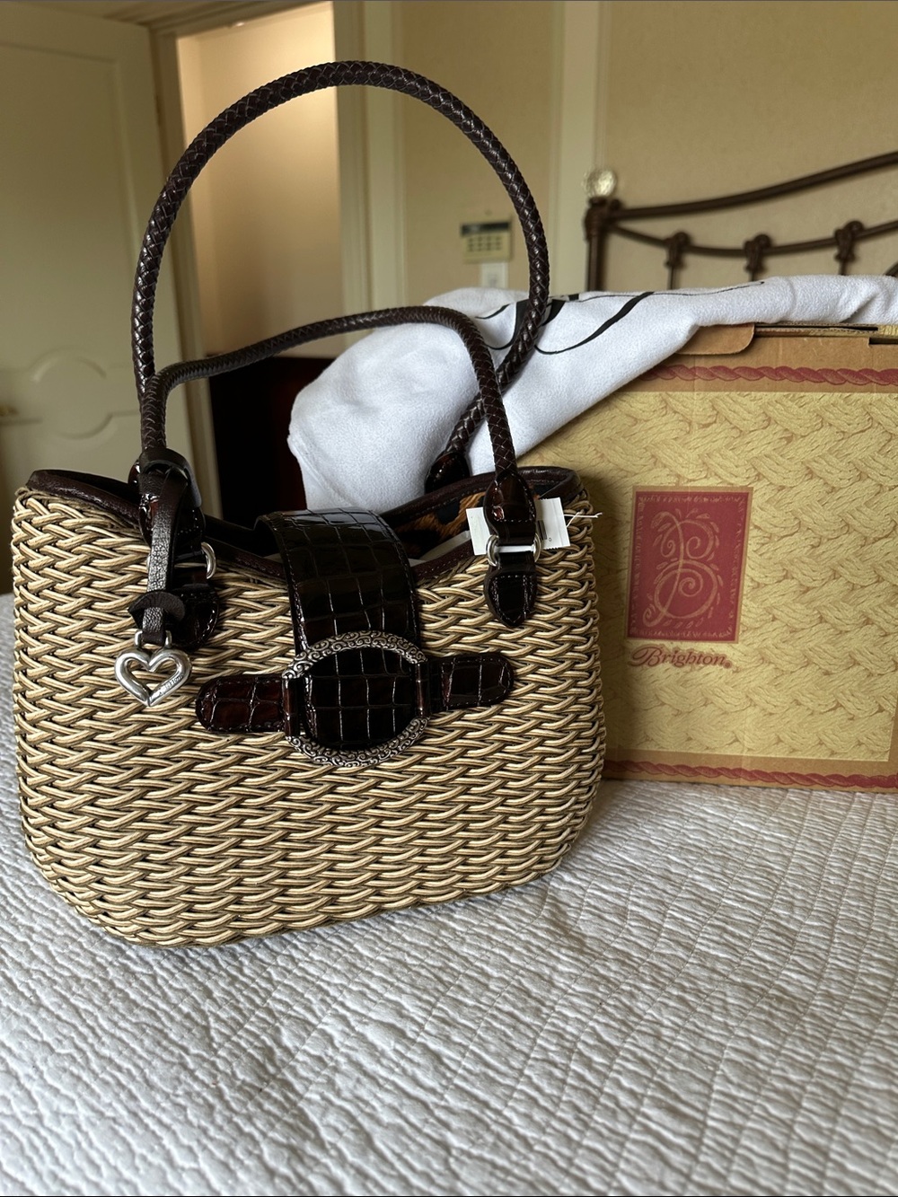 Brighton Natural Straw Tote with Dark Brown Croc Trim and Silver Heart Charm